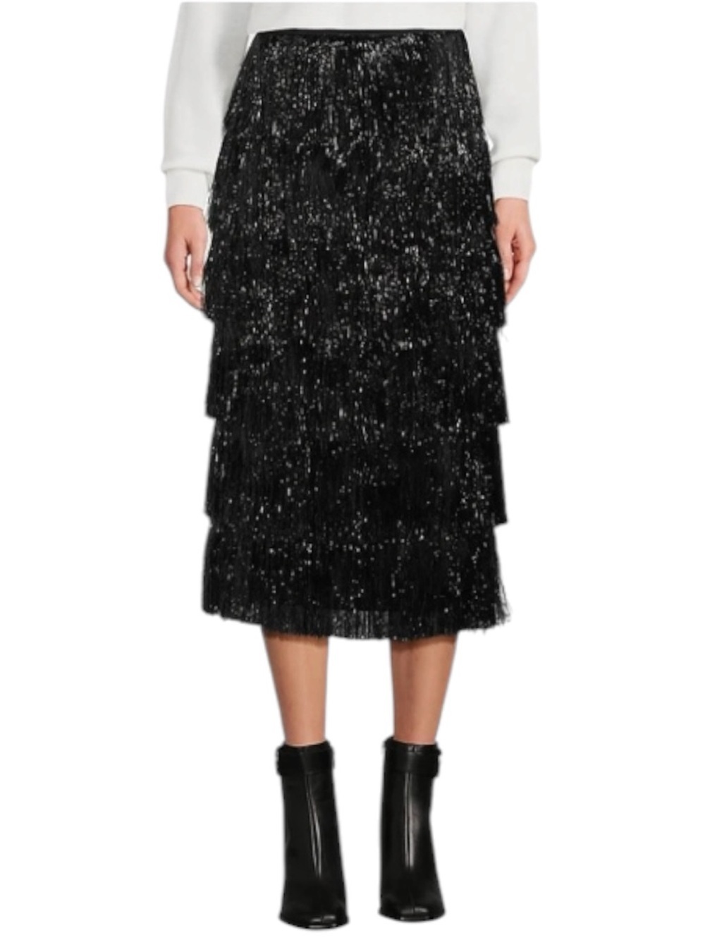 Antonio Melani Yara Fringe Midi Skirt NWT Size 6 Black Metallic Tiered Shimmer